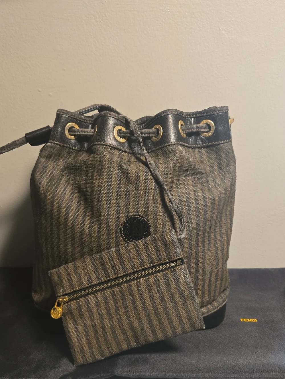 Fendi Brown Striped Canvas Drawstring Crossbody Bag with Pouch